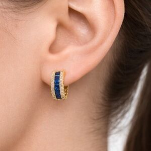 Blue & White CZ Huggie Hoop Earrings | Gold Tone Sparkle